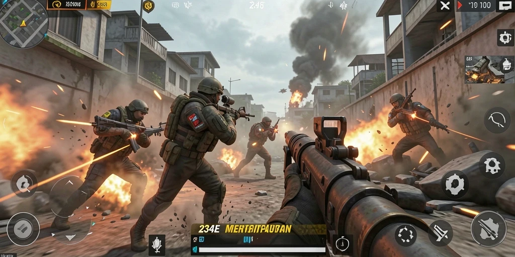 Tampilan gameplay intens dalam pertempuran FPS 234E.