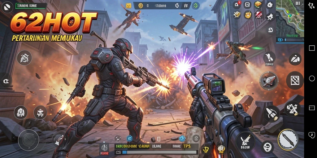 Screenshot menunjukkan aksi gameplay intens di 62HOT.