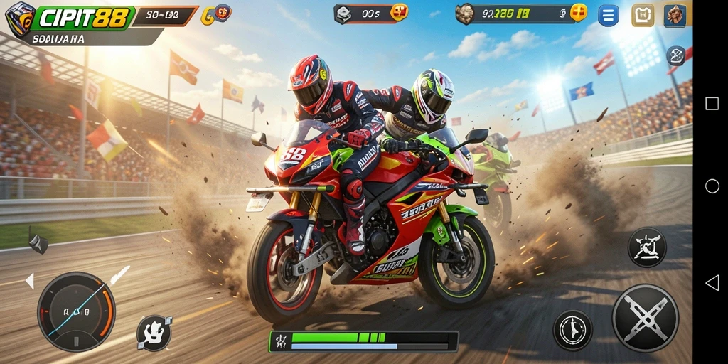 Tampilan bermain <strong>CIPIT88</strong> yang mengesankan dengan motor balap di trek.