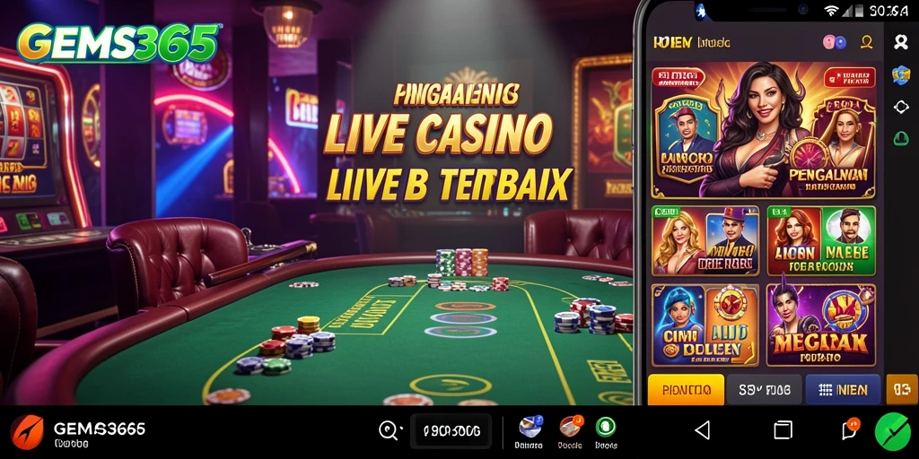 Tangkapan layar GEMS365 menampilkan dealer langsung dalam suasana kasino yang realistis.