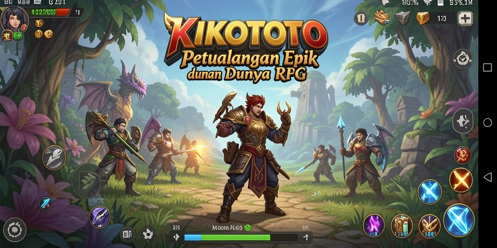 Tangkapan layar utama KIKOTOTO menampilkan aksi pertempuran RPG yang mendebarkan.