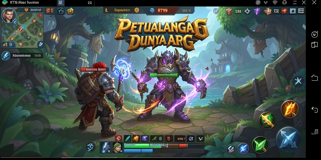 Screenshot gameplay RT99 menampilkan pertarungan epik di arena yang menakjubkan.